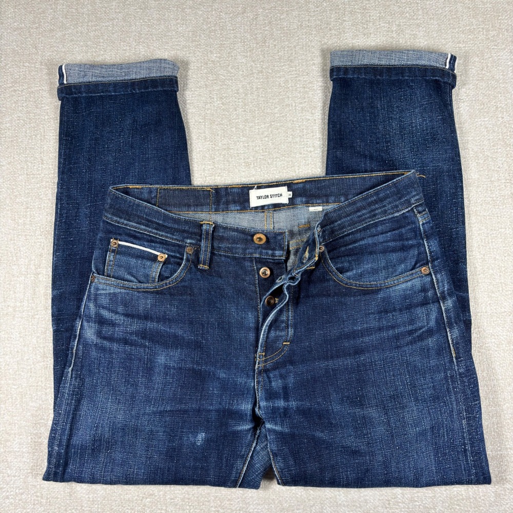 Taylor Stitch Mens Selvedge Slim Fit Jeans Dark Wash Indigo Denim Button Fly 30